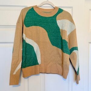 Colorful Tan, Green, & White Pattern Sweater — Size S